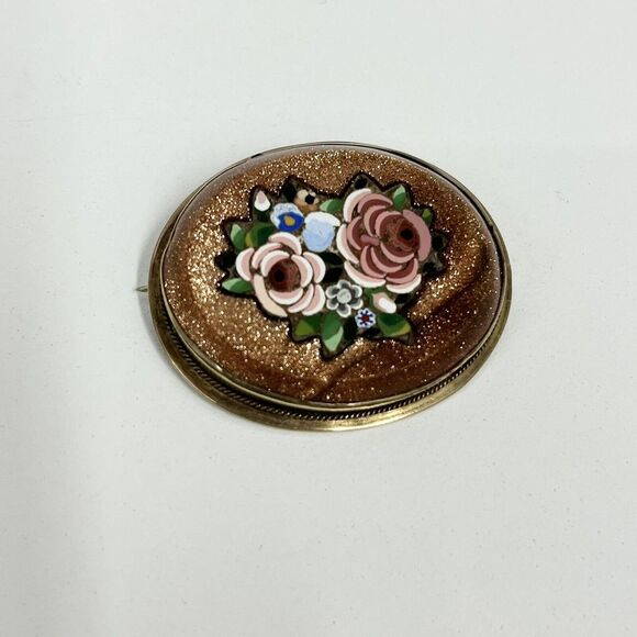 Vintage Victorian‎ Mosaic Goldstone 10K Gold Pin Brooch 1 3/4" by 1 1/2" - Picture 1 of 4